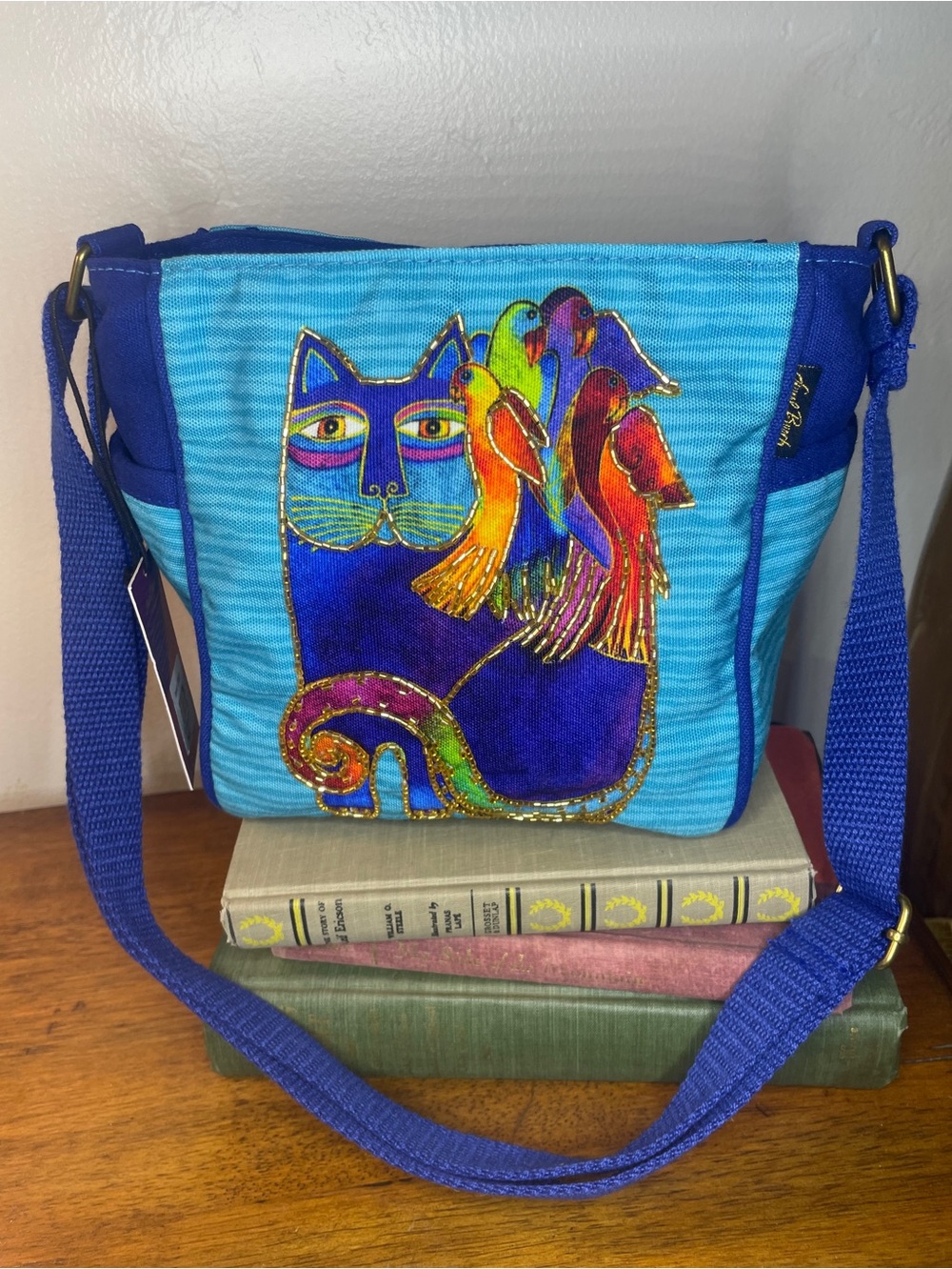 Laurel Burch Catmandu Blue Rainbow‎ Cat and Birds Crossbody Bag NWT